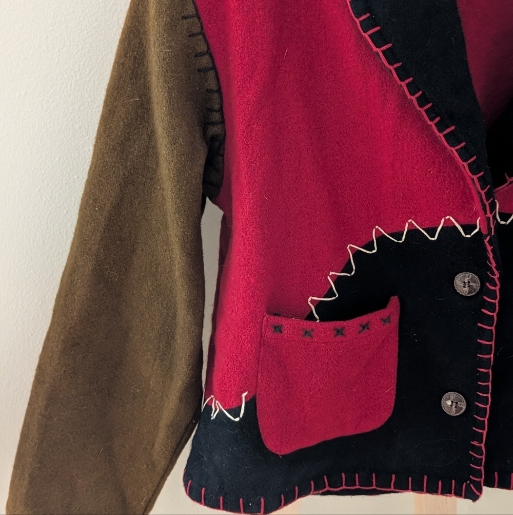 Vintage Western Style Embroidered Cropped Wool Jacket In Red/Brown/Black - Picture 3 of 8